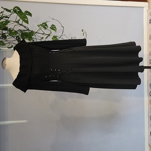 Black Gothic Corset Tie Off Shoulder Long Sleeve Sweater Dress S Whimsigoth - Picture 3 of 11